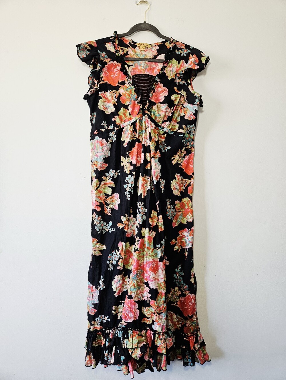 Vintage April Cornell Floral Ruffle Dress Size XL Black Midi